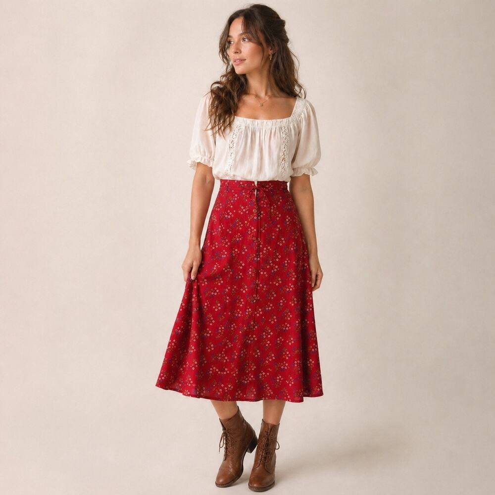 Vintage Red Calico Floral Midi Skirt Button Front Tie Waist Boho XS